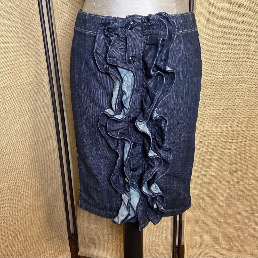 7 for Mankind ruffle front blue denim pencil skirt.